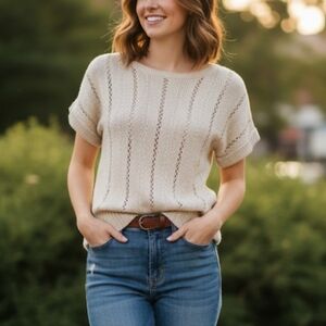 Vtg Christian Dior Cream Silk Blend Open Knit Short Sleeve Crewneck Sweater P